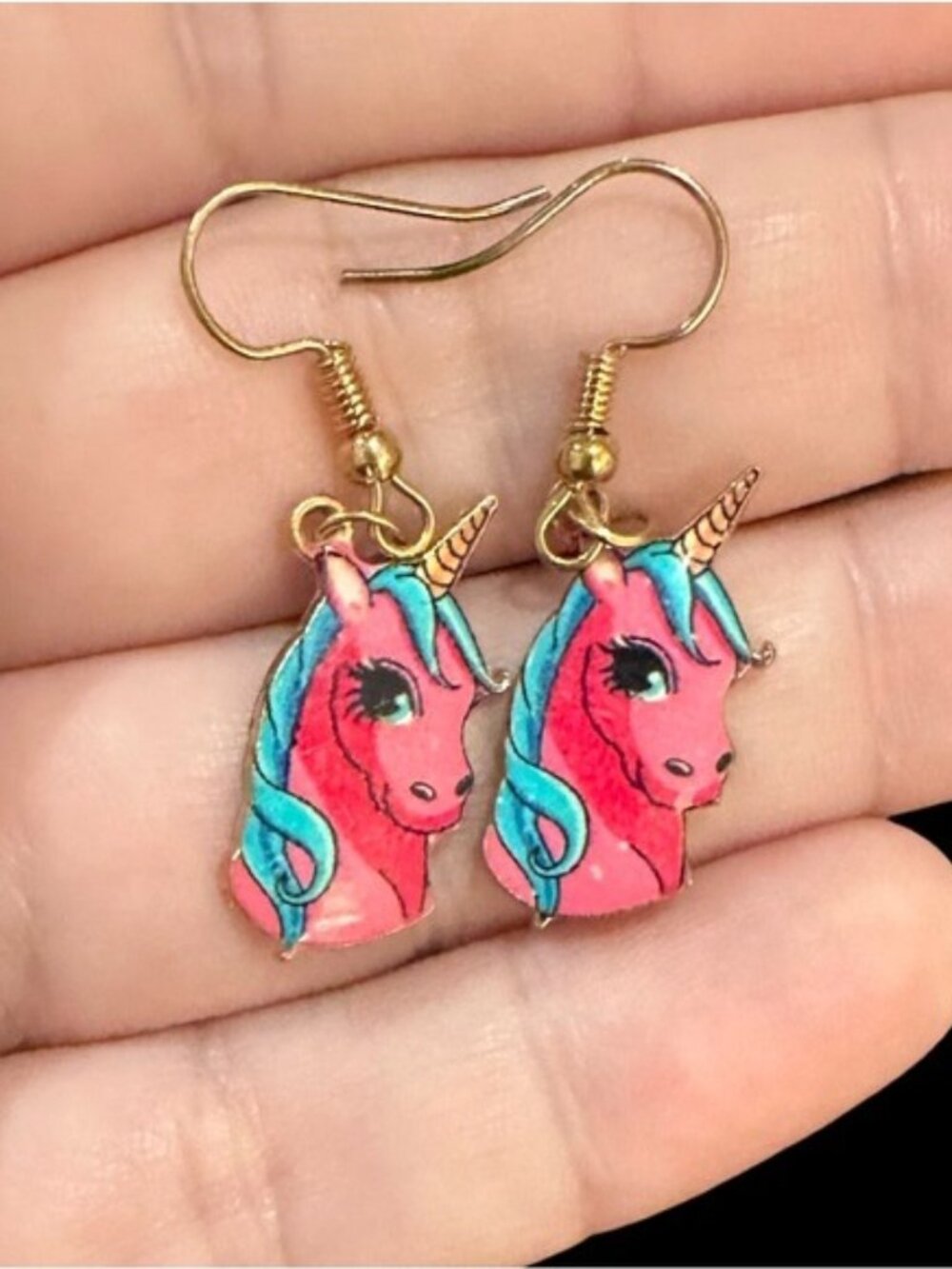 Pink & Blue Unicorn Dangle Earrings Gold Tone Hooks Lightweight Fun Jewelry For